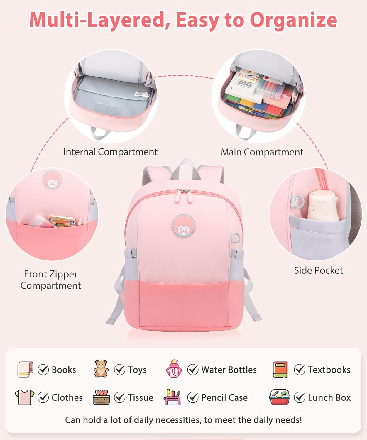 rockpapa 15-Inch Kids Backpack for Boys Girls, Perfect for Early Elementary Daycare School Travel, Ergonimic Design, Padded Back & Adjustable Strap Pink - Image 3