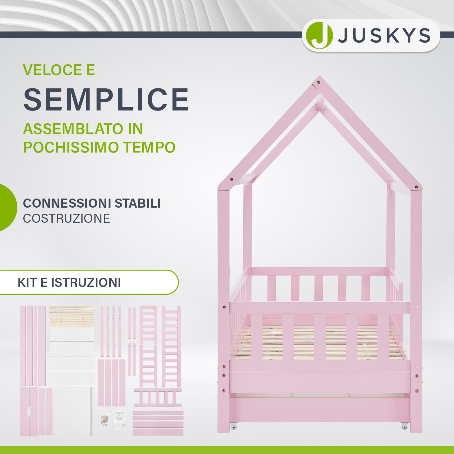 Juskys letto per bambini Marli da 80x160 cm con due contenitori, protezione anticaduta, rete a doghe e tetto - Letto a casetta in legno massiccio per bambini - Letto in rosa