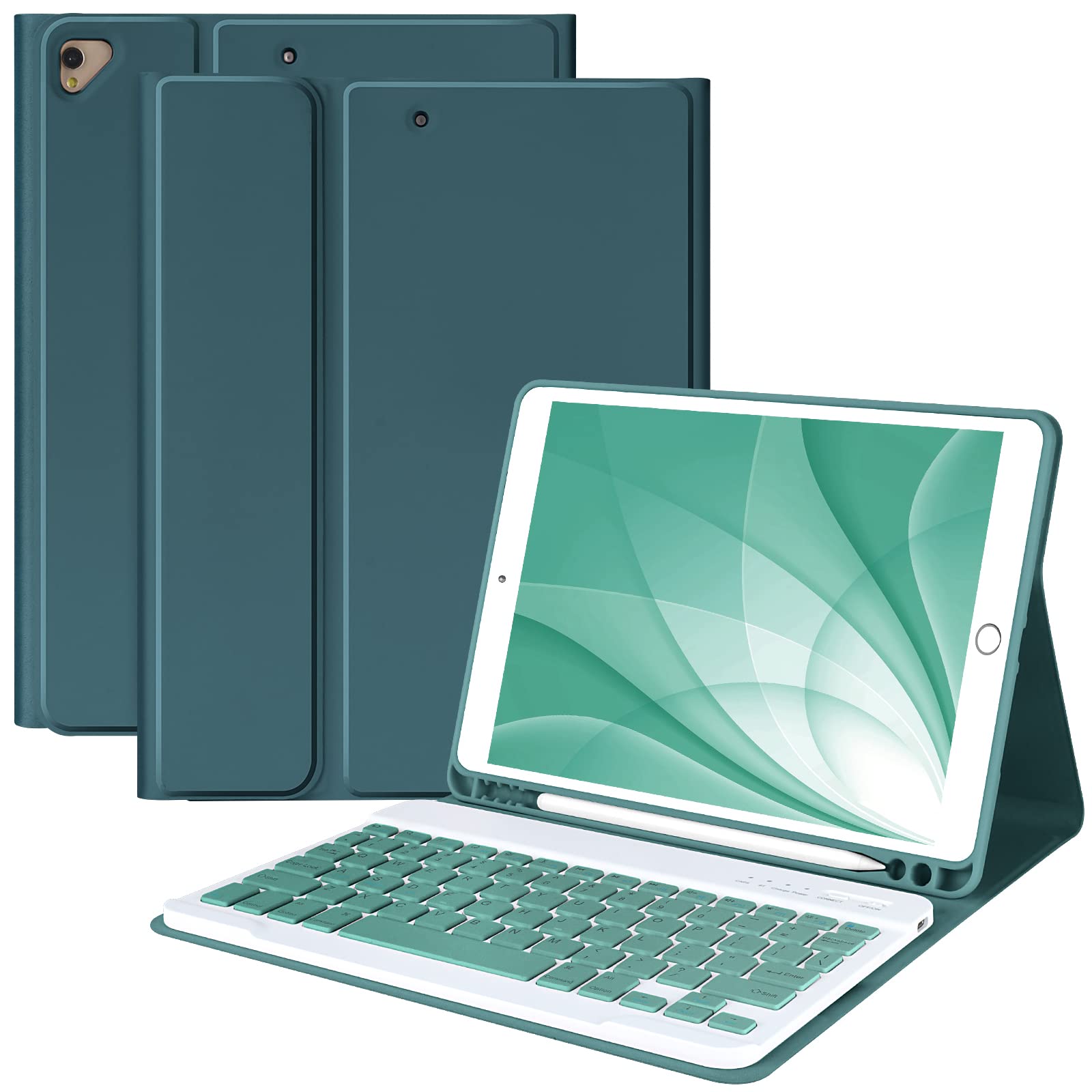 Keyboard Case for iPad 10.2" 9th 8th Generation, with Detachable Bluetooth Keyboard and Pencil Holder, for iPad 10.2 Inch/iPad Air 10.5"(3rd Gen)/iPad Pro 10.5 in, Auto Sleep/Wake Function- Deep Green