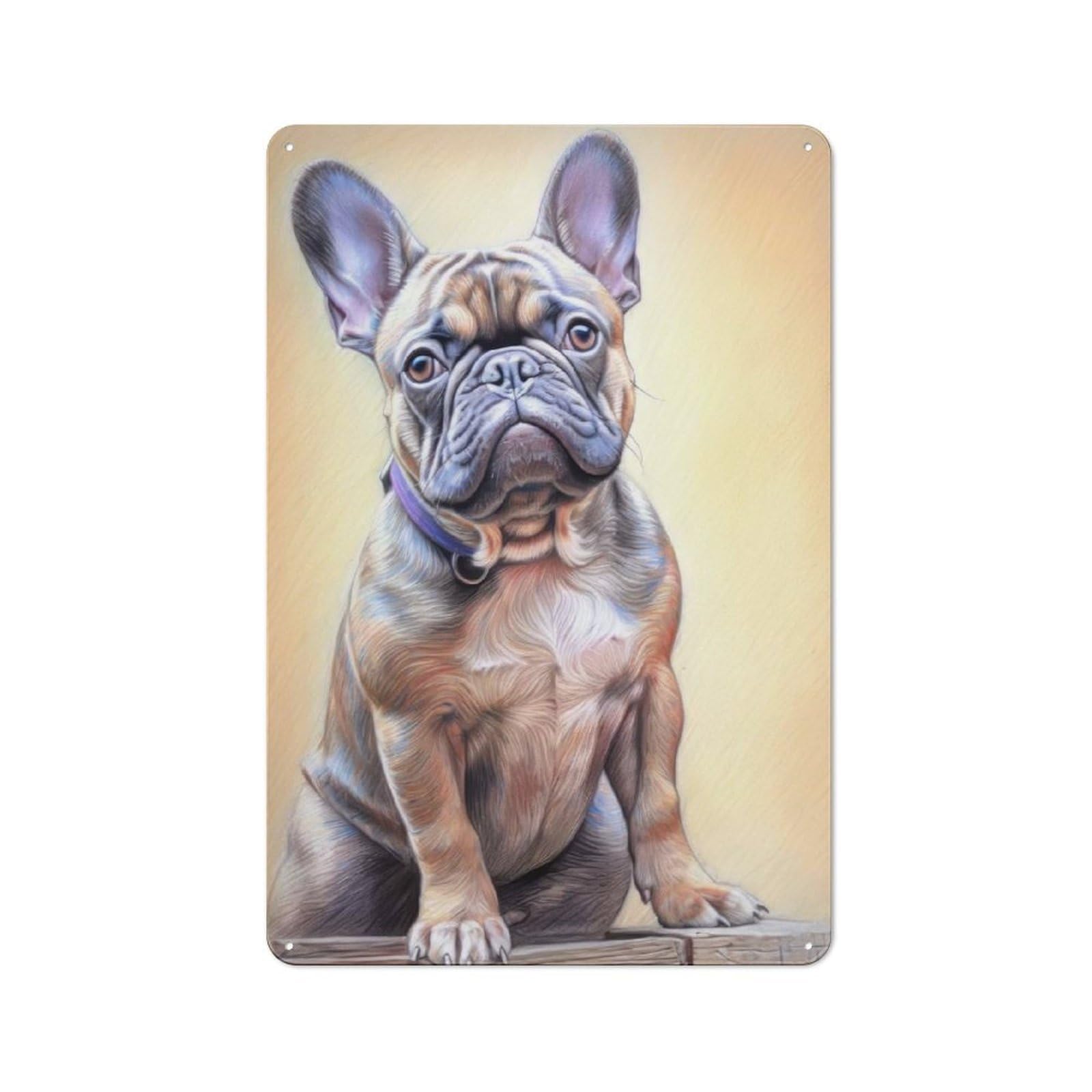 Junmoney French Bulldog Sketch Retro Metal Wall Sign 30X20cm With For Café Or Home Bar, For Cooler-Season Styling In Café And Home Bar