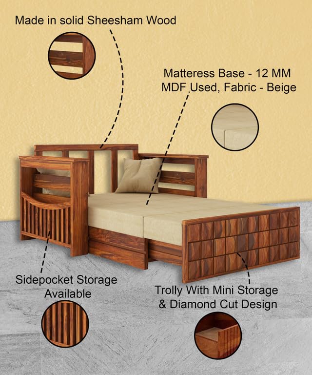 Image of Solid Sheesham Wood Sofa Cum Bed 2 Seater | Wooden Foldable Double Bed for Living Room with Headboard & Storage | Bed Cum Sofa with Mattress for Home | Diamond Design (Honey Finish)