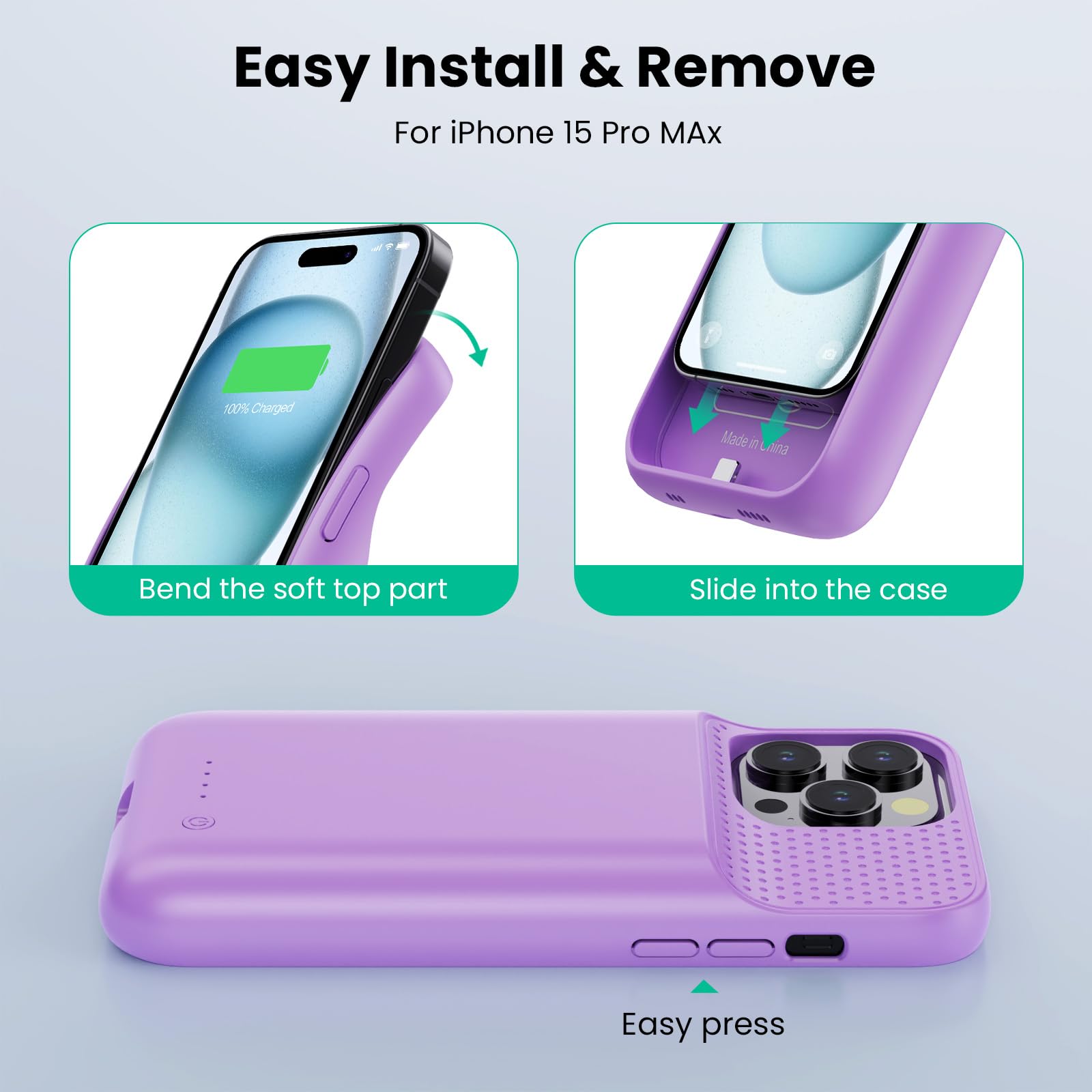 Feob Cover Batteria per iPhone 15 Pro Max (6,7"), 8600mAh 15W Ricaricabile Battery Case Custodia Batteria Caricabatterie Power Bank per iPhone 15 Pro Max (6,7") Charger Case