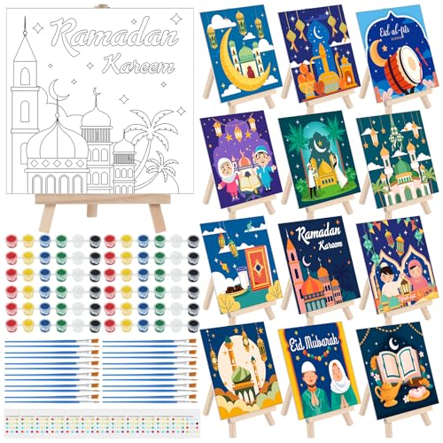 Tenceur 12 Sets Ramadan Pre Drawn Painting Canvas Kit for Adults & Kids Pre Printed Stretched Canvas with Mini Easels, Acrylic Paints and Brushes DIY Islamic Art Craft for Eid, Party and Home Decor