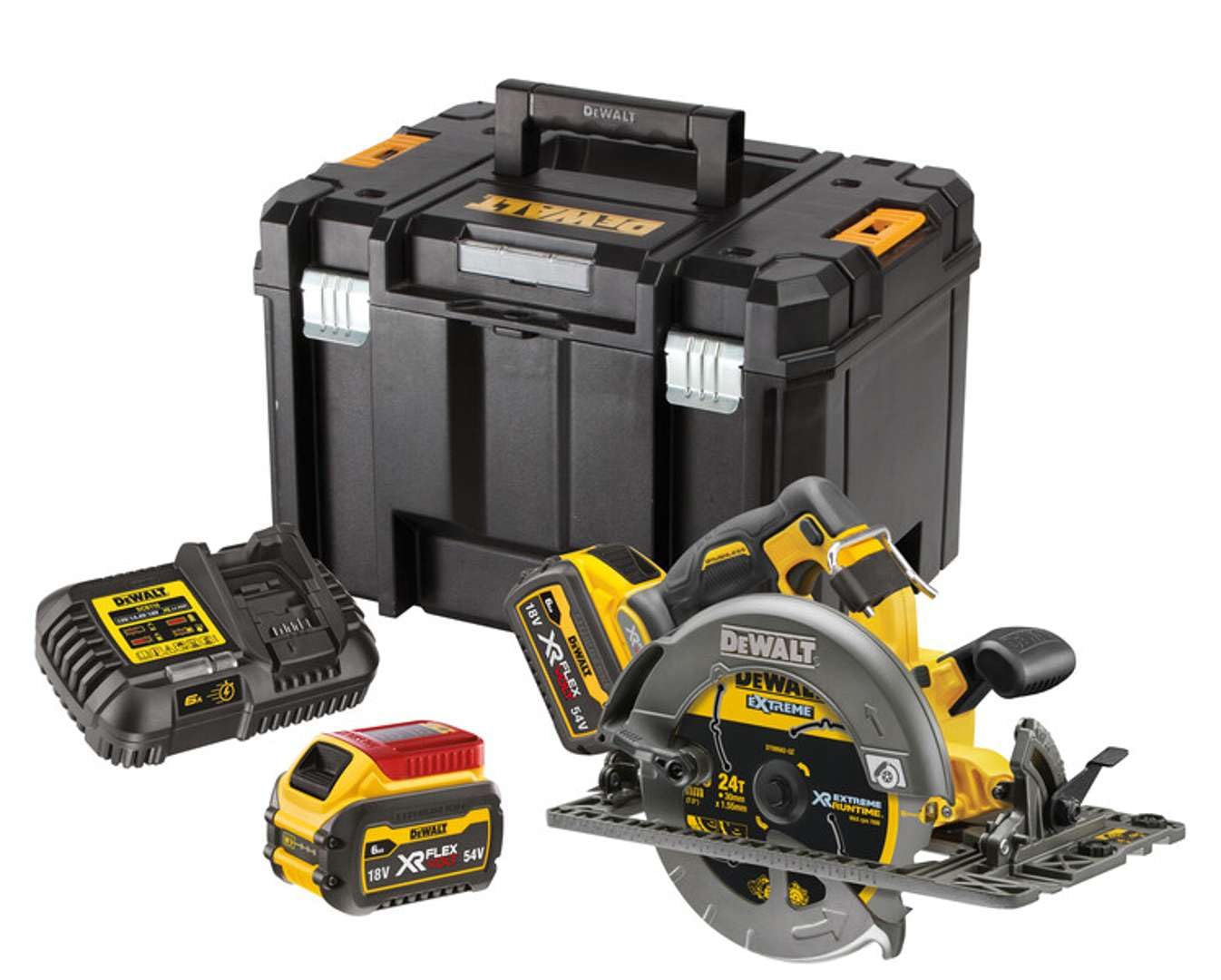 DEWALT Sierra Circular sin escobillas XR FLEXVOLT 54 V z 2 bateriami litowo-jonowymi 54 V/18 V 6 Ah, Ø 190 mm i 61 mm prof., z podstawą i walizką TSTAK VI