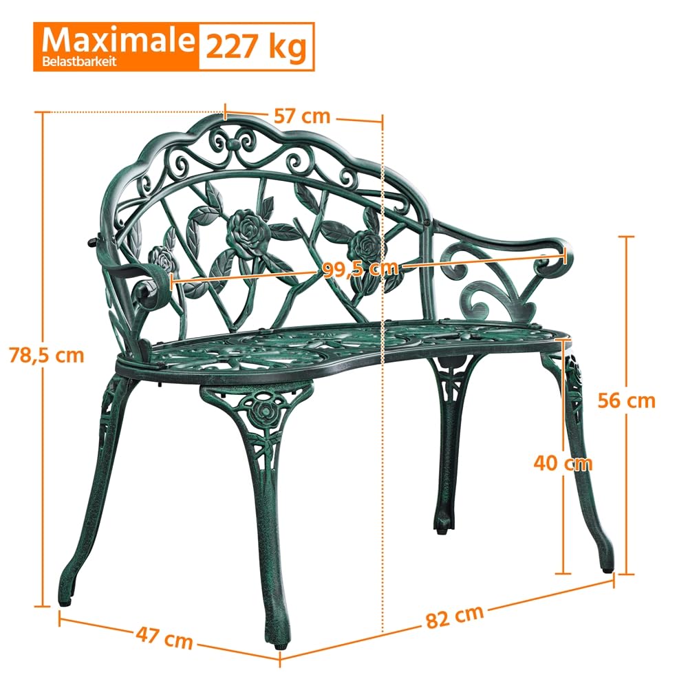 Yaheetech 2-osobowa ławka ogrodowa w stylu vintage, metalowa ławka parkowa, odporna na warunki atmosferyczne, z odlewu aluminiowego, ławka balkonowa z oparciem i podłokietnikami, meble ogrodowe na