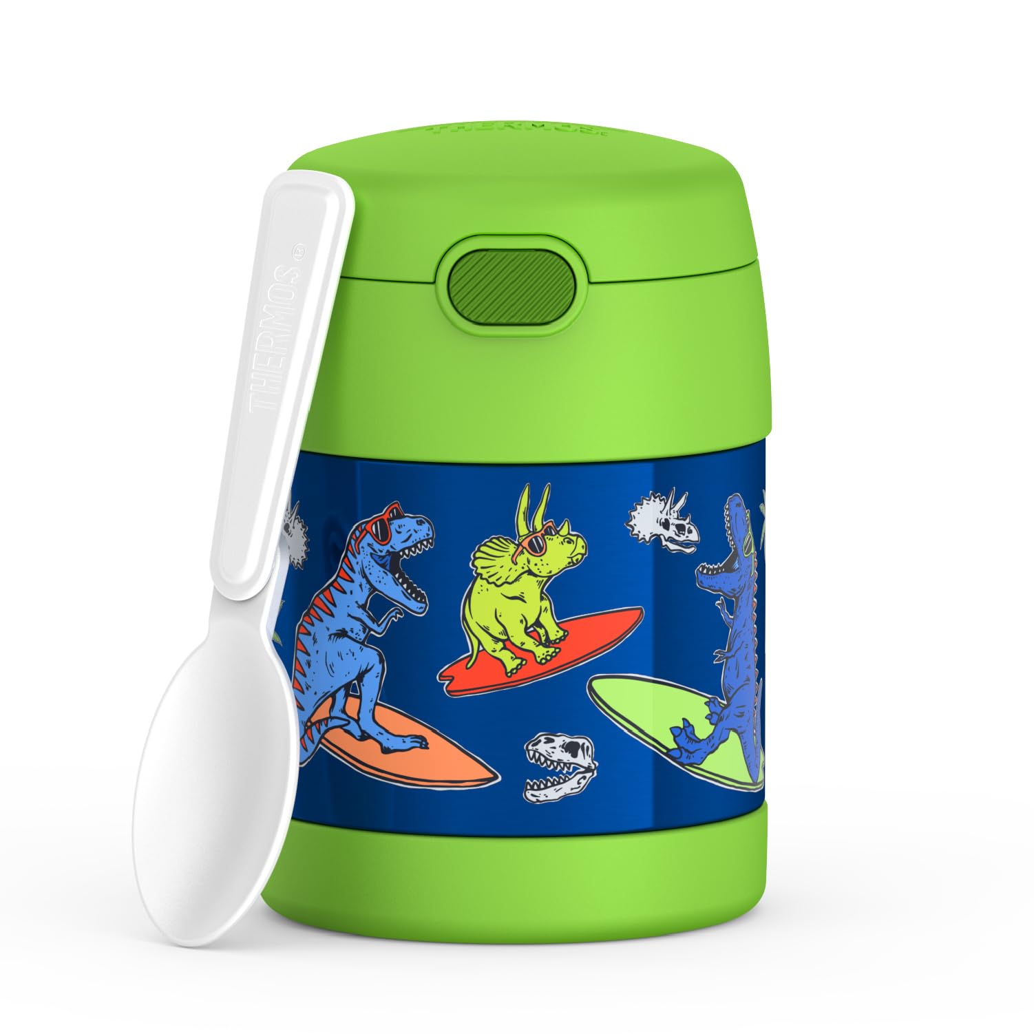 THERMOS FUNTAINER Kids Food Jar with Spoon, 10oz, Daring Dinos | Kid-Friendly Stainless Steel Insulated Food Container, Keeps Food Hot or Cold Longer for School & Play, BPA Free Daring Dinos 10 Ounce