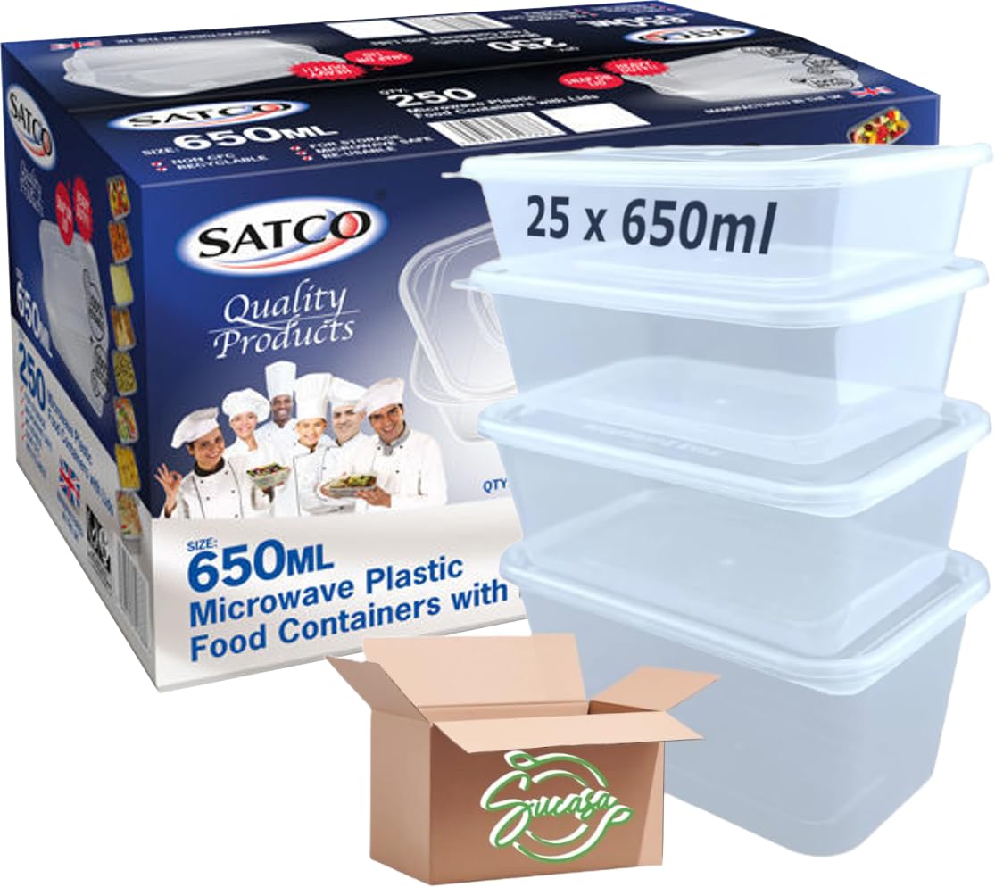 Sucasa Clear Plastic Food Takeaway Heavy Duty Satco Plastic Containers With Lids 25X650ml | Durable Microwavable | Heavy Duty | Takeaway | Reusable & Disposable