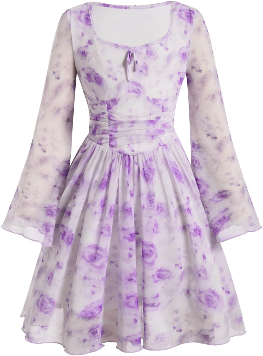Verdusa Girl's Floral Mesh Boho Dresses Long Sleeve Ruched A Line Flowy Dress Spring Clothes Festival Outfits