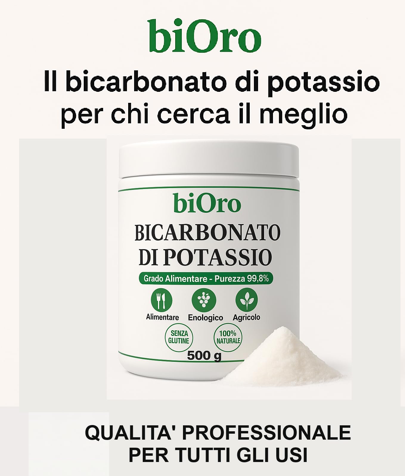 BICARBONATO DI POTASSIO Alimentare biOro 99,8% – 500g – Regolatore Acidità, Antifungino Naturale, Uso Enologico e Agricolo – Grado Alimentare Qualità Premium – Senza Glutine