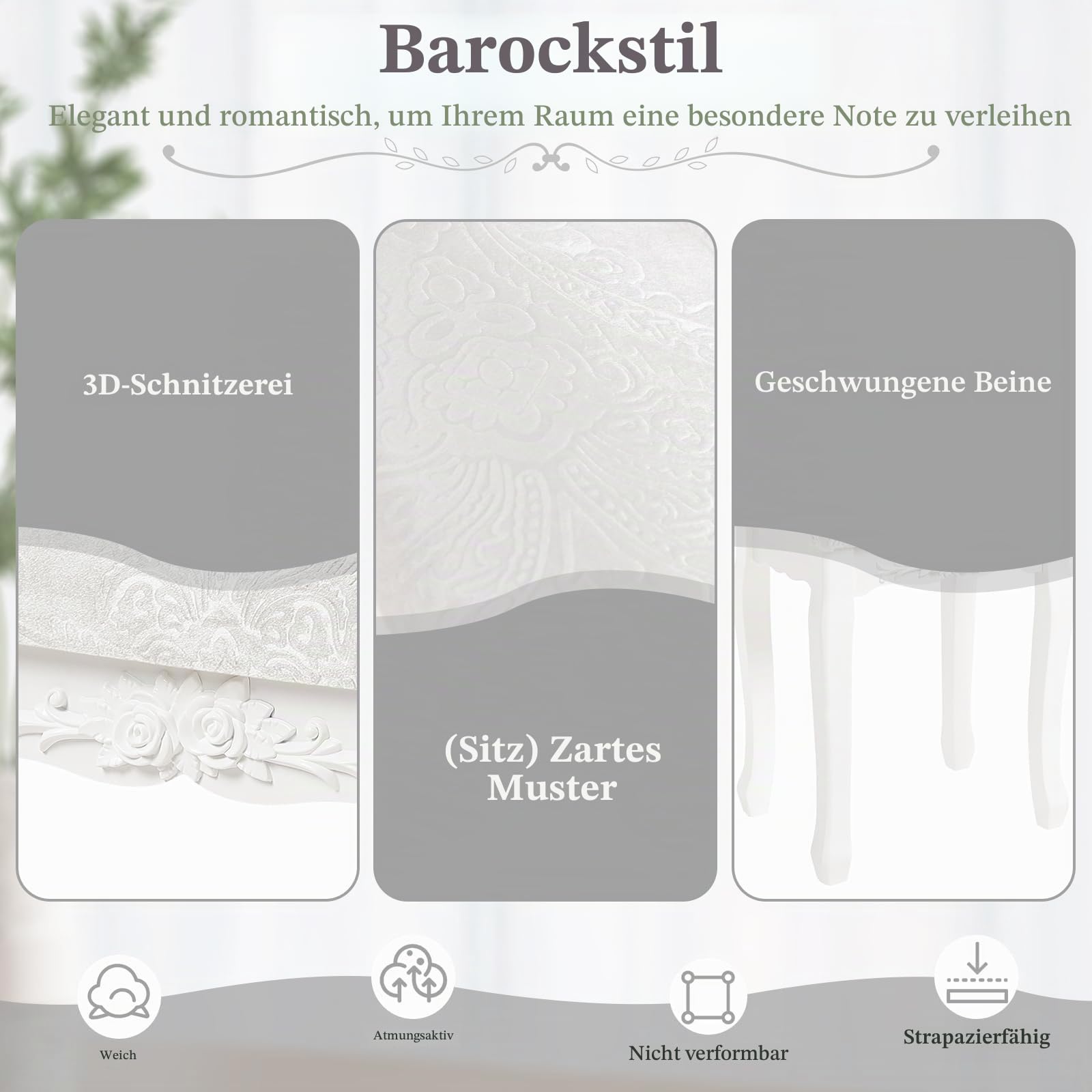WOLTU Schminkhocker, Sitzhocker, Hocker Landhaus Hocker, Polsterhocker, MDF Holz, Weiß lackiert, für Schminktisch, Barock, Cremeweiß MB6015cm