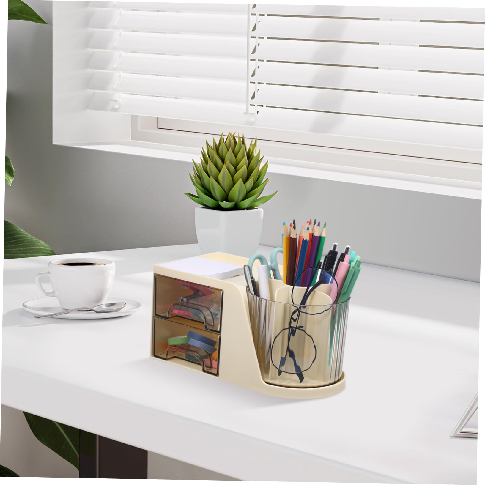 Schreibtisch Organizer mit Drehbar, Doppelte Schubladen, Kunststoff, Beige