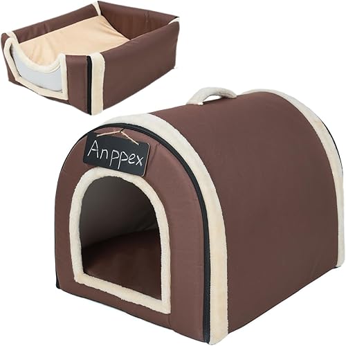 ANPPEX Casa para perros pequeños para interiores, cama cubierta lavable 2 en 1, aislada y acogedora cueva de iglú para perros, tamaño M para gatos y