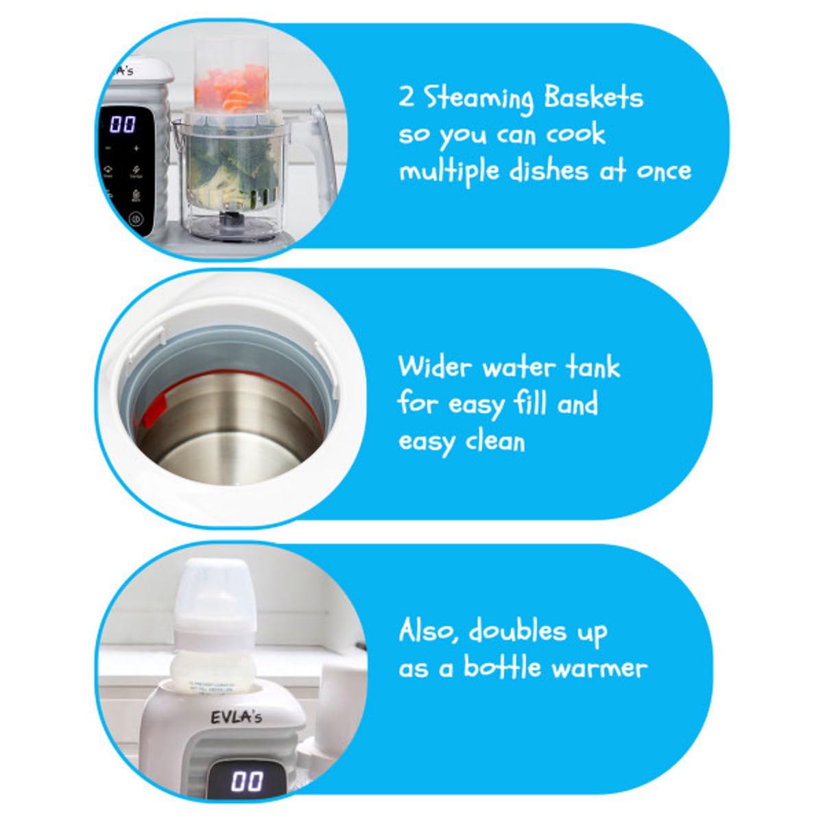 EVLA'S Double Baby Food Maker with 2 Steaming Baskets, Steamer, Blender, Grinder, Food Processor, Cook & Blends Healthy Baby Food in Minutes, Touch Screen, with 6 food pouches, White
