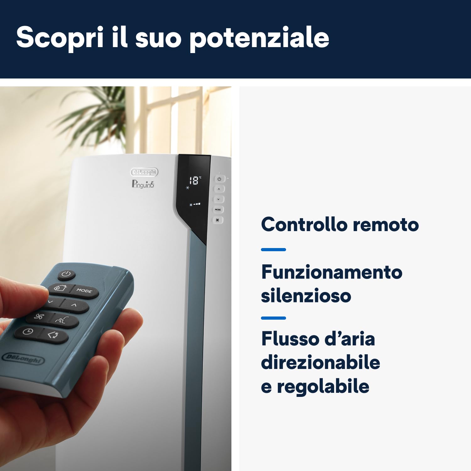 De'Longhi Pinguino PAC EX105 - Condizionatore portatile con tecnologia EcoRealFeel, 10.000 BTU/h, per ambienti fino a 100 m³, funzione di deumidificazione e ventilazione, timer 24 ore, classe di