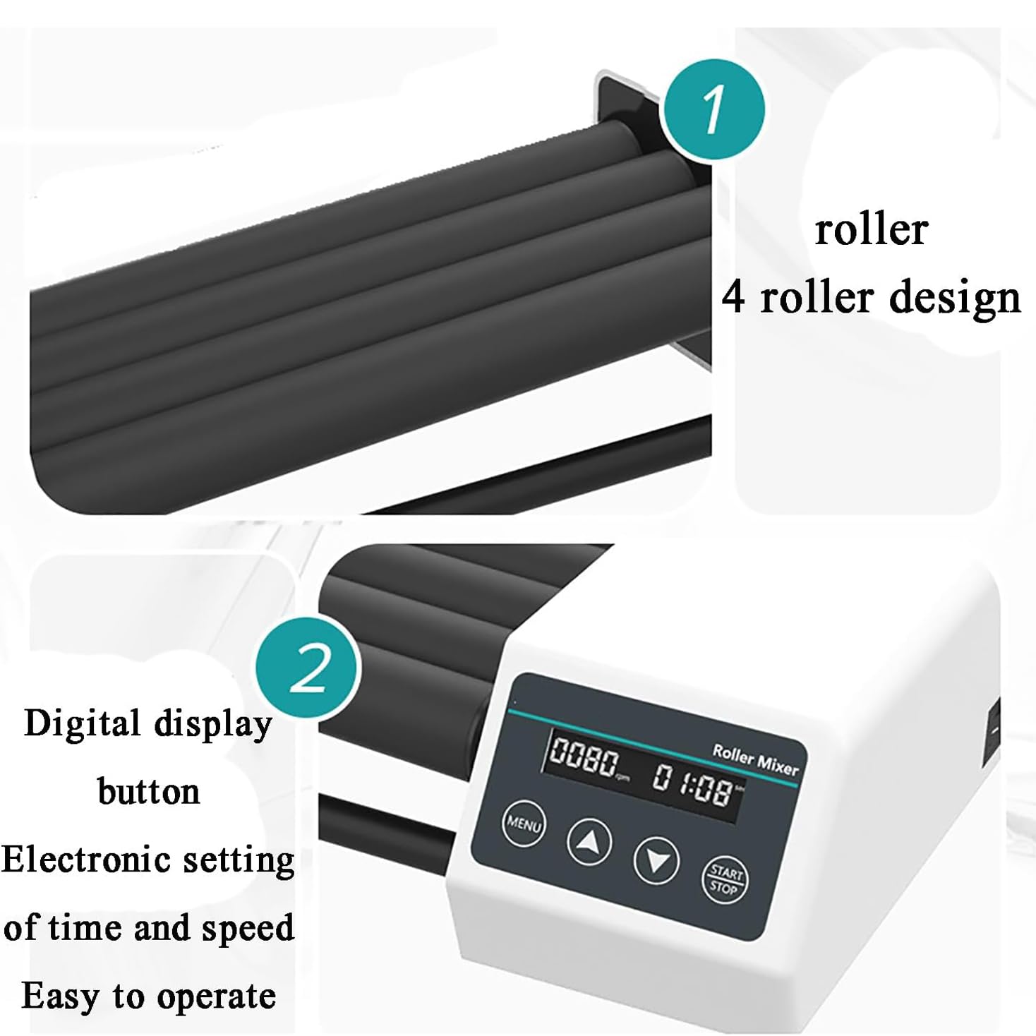 Labor-Rollenmischer, Reagenzflaschenschüttler, digitaler 4-Rollen-Mischer, Drehzahl einstellbar von 20–80 U/min, Zeitschaltuhr- oder Dauerbetriebsmodus (1 Min.–23 Std. 59 Min.), für biologis
