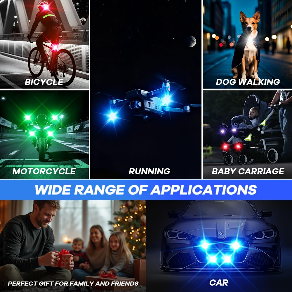 10pcs luci stroboscopiche LED wireless, 8 colori 10 tipi di effetti luminosi ricaricabili tramite USB luci di segnalazione anticollisione luci stroboscopiche LED per biciclette, droni, motociclette