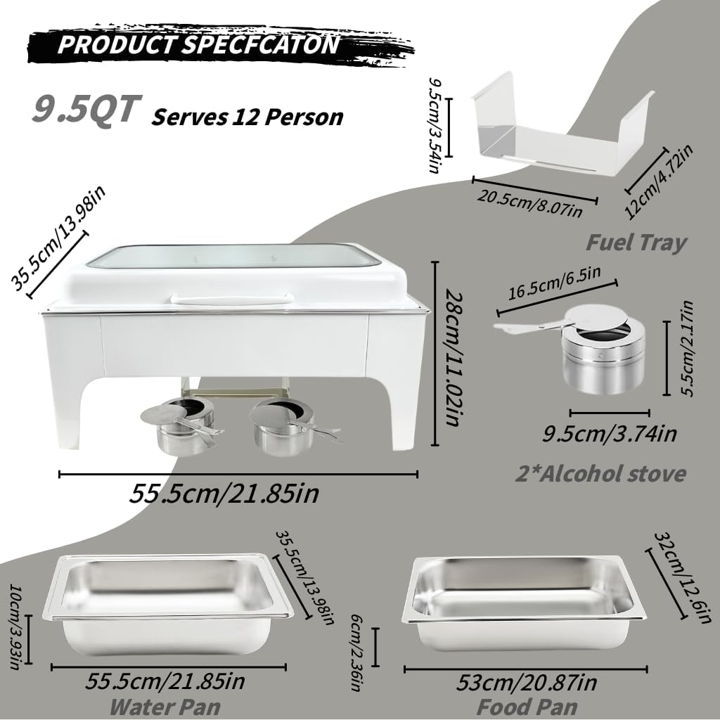 White Chafing Dishes for Buffet,9.5QT Stainless Steel Chafing Dish Buffet Set with Transparent Hydraulic Lid & Smooth Edges & Double Fuel Tank,Buffet Warmer for Parties and Events