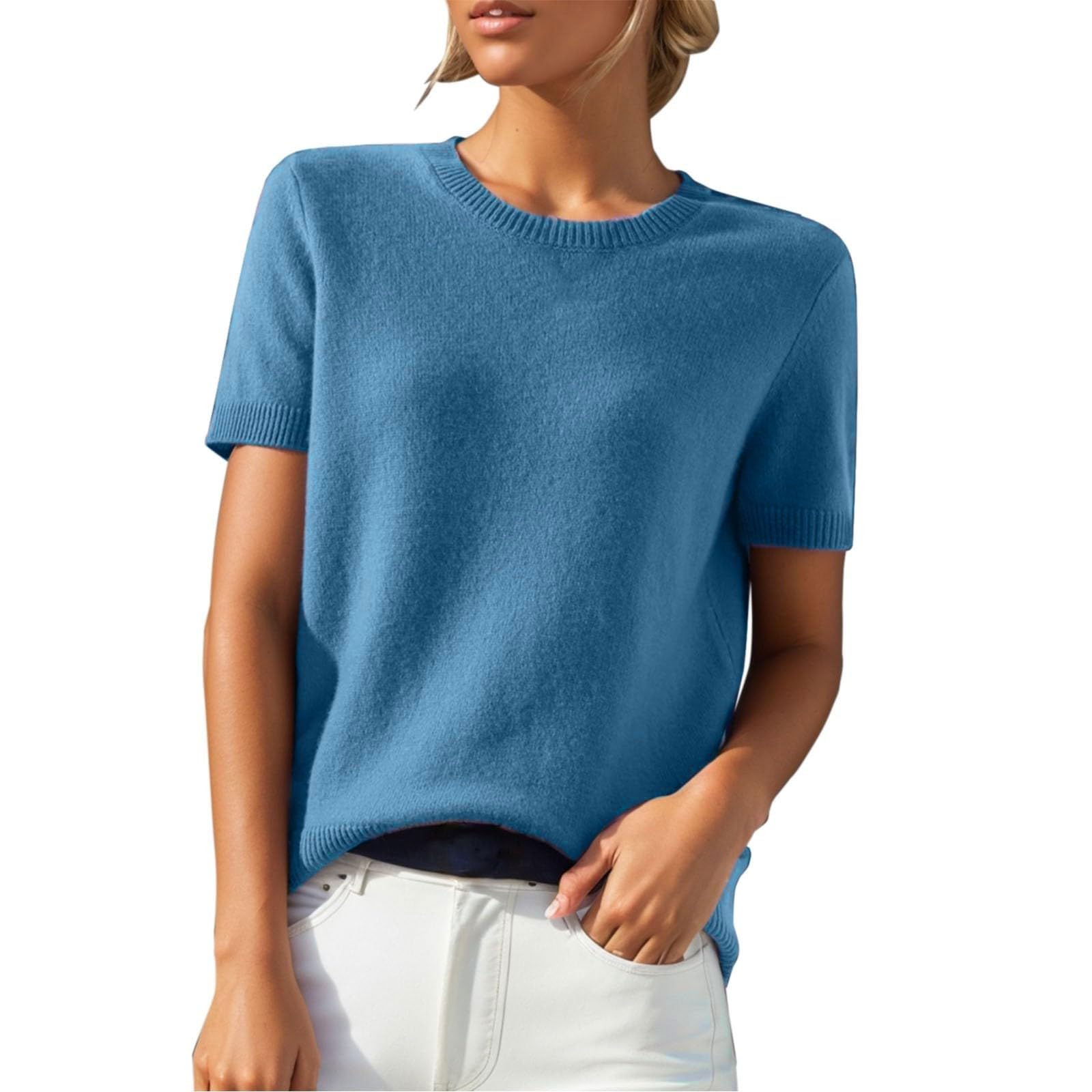 KHIRVWL Kurzarm Pullover Damen, Mode Rundhalsausschnitt Strickshirt Elegant Leicht Kurzarm Pullover Frühling und Sommer Einfarbiges Gestricktes Freizeittop Oberteil Elegant Sommer Damen Tshirt