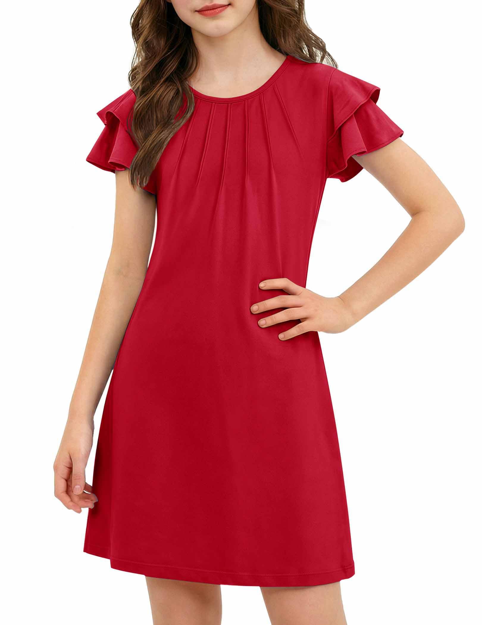 Arshiner Mädchen Kleid Sommer Plissiertes Gewellte Ärmel Einfarbig/Bedruckt | Mädchen Kleid Sommer Plissiertes Gewellte Ärmel Kinder Einfarbig/Bedruckt Festlich Sommerkleid Freizeitkleid Kurzarm A-Linie