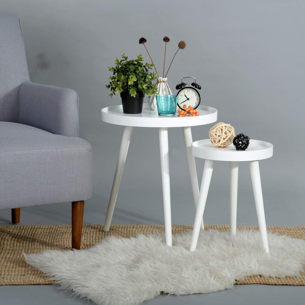 EGGREE White Nesting Coffee End Tables Set of 2 Accent Sofa Bed Side Table Modern Round Wood Tables for Living Room Bedroom,Accent Furniture