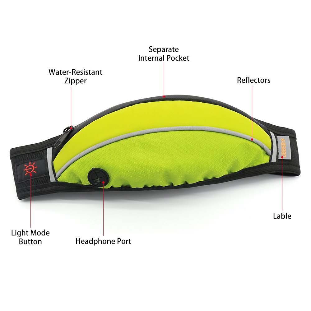 Bseen USB Rechargeable Running Belt LED Waist Pack for Runners - Fanny Pack Fit for iPhone 6/6S/Samsung Galaxy - with Earphone Hole - Waterproof Zipper - Sport Safety (Green + Green)