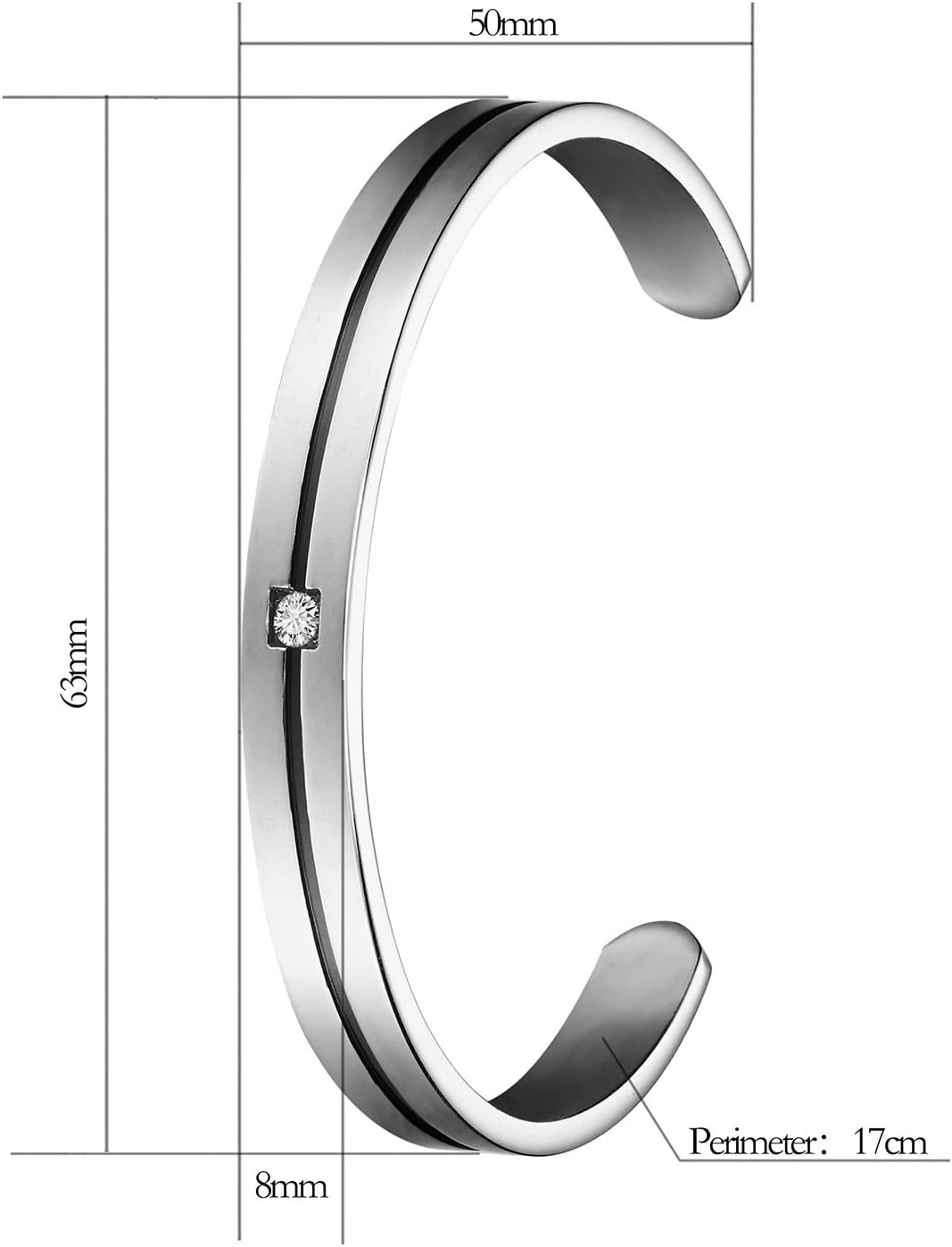 Stainless Steel Womens Cuff Bracelet, High Polished Bangle Bracelets with Cubic Zirconia - Image 2