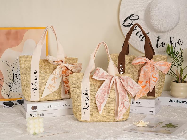 Straw Beach Bags with Silk Scarf,Custom Name Travel Tote Bags for Women-8.66in*7.87in,Bridal Party Gifts2
