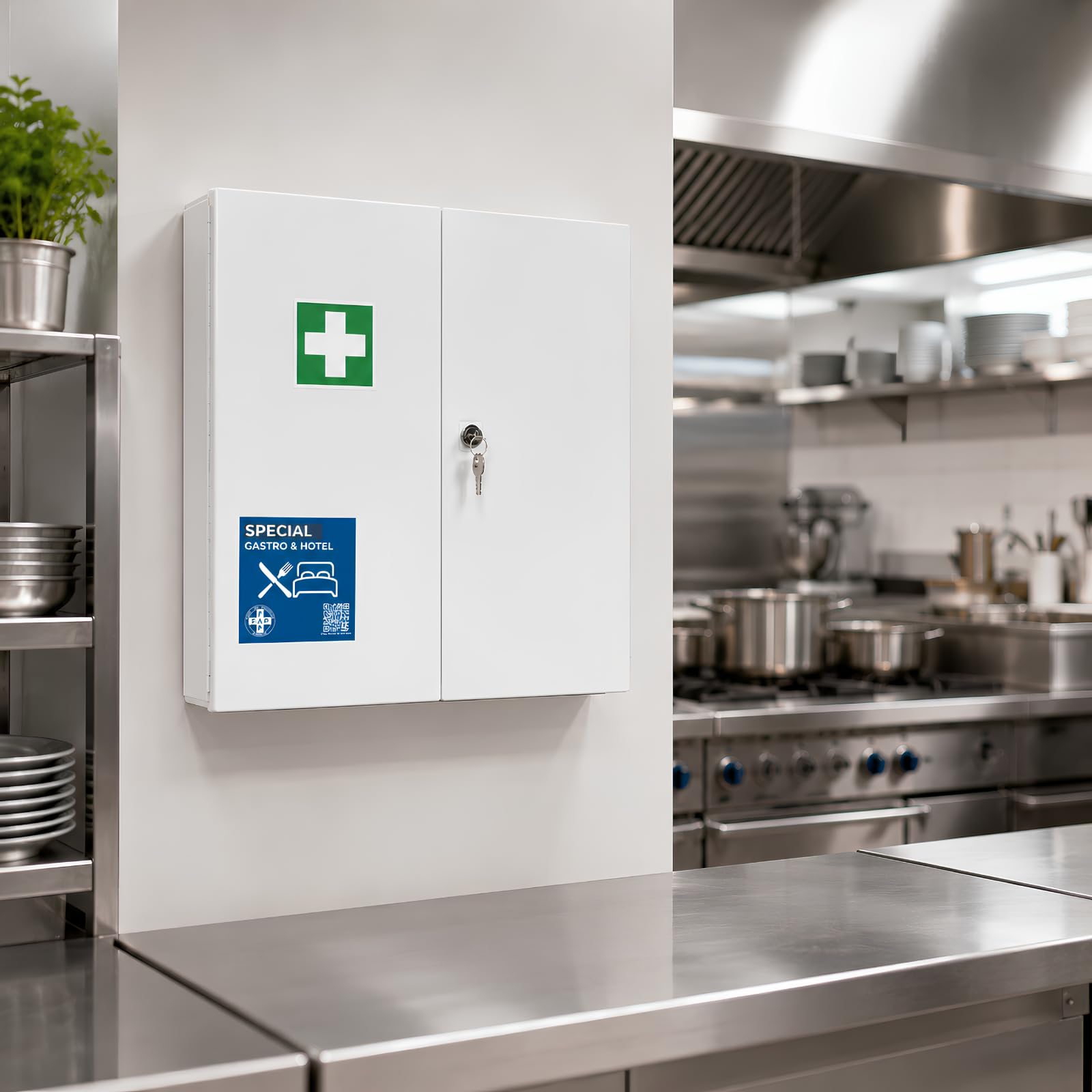 First Aid Products Gastro Erste Hilfe Verbandschrank Groß - Gastronomie Hotel mit Verbands-Set DIN13169 | Detect-Pflaster HACCP & Burngel | für Küche Restaurant für Wandmontage - Zwei Türen 60×50×13cm