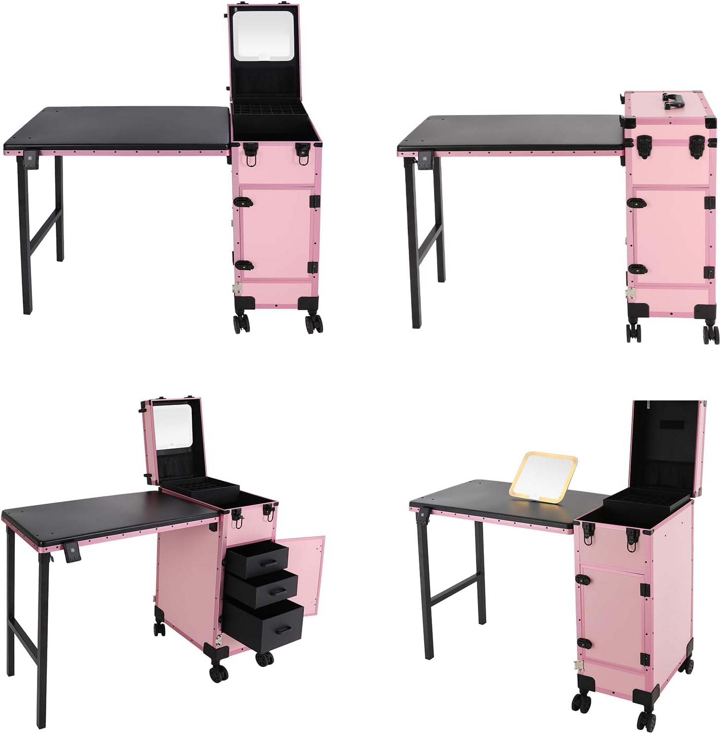 Rolling Makeup Case with 3 Drawers, Lockable Makeup Train Case with Foldable Nail Desk, Portable Mobile Manicure Table with LED Mirror & Handle, Nail Table for Nail Tech Makeup Artist (Pink)