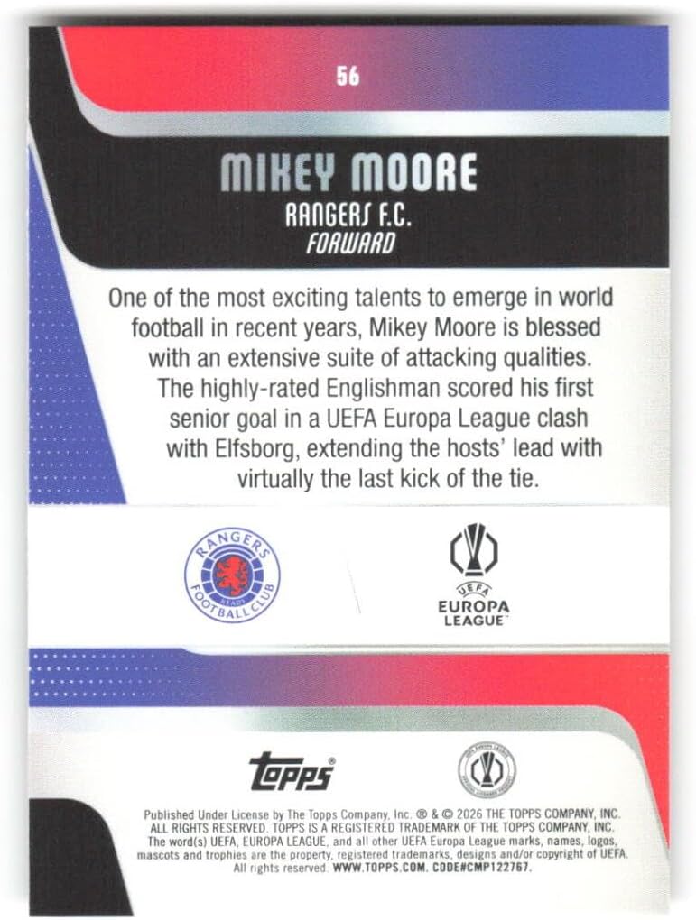2025-26 Topps UEFA Club Competitions Orange Raindrops #56 Mikey Moore 5/25 Glasgow Rangers Soccer Futbol Trading Card