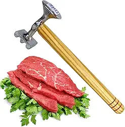 Martelo de Cozinha Amaciador de Carne Dupla Face, Cabo de Madeira 21cm, Face Lisa e Corrugada