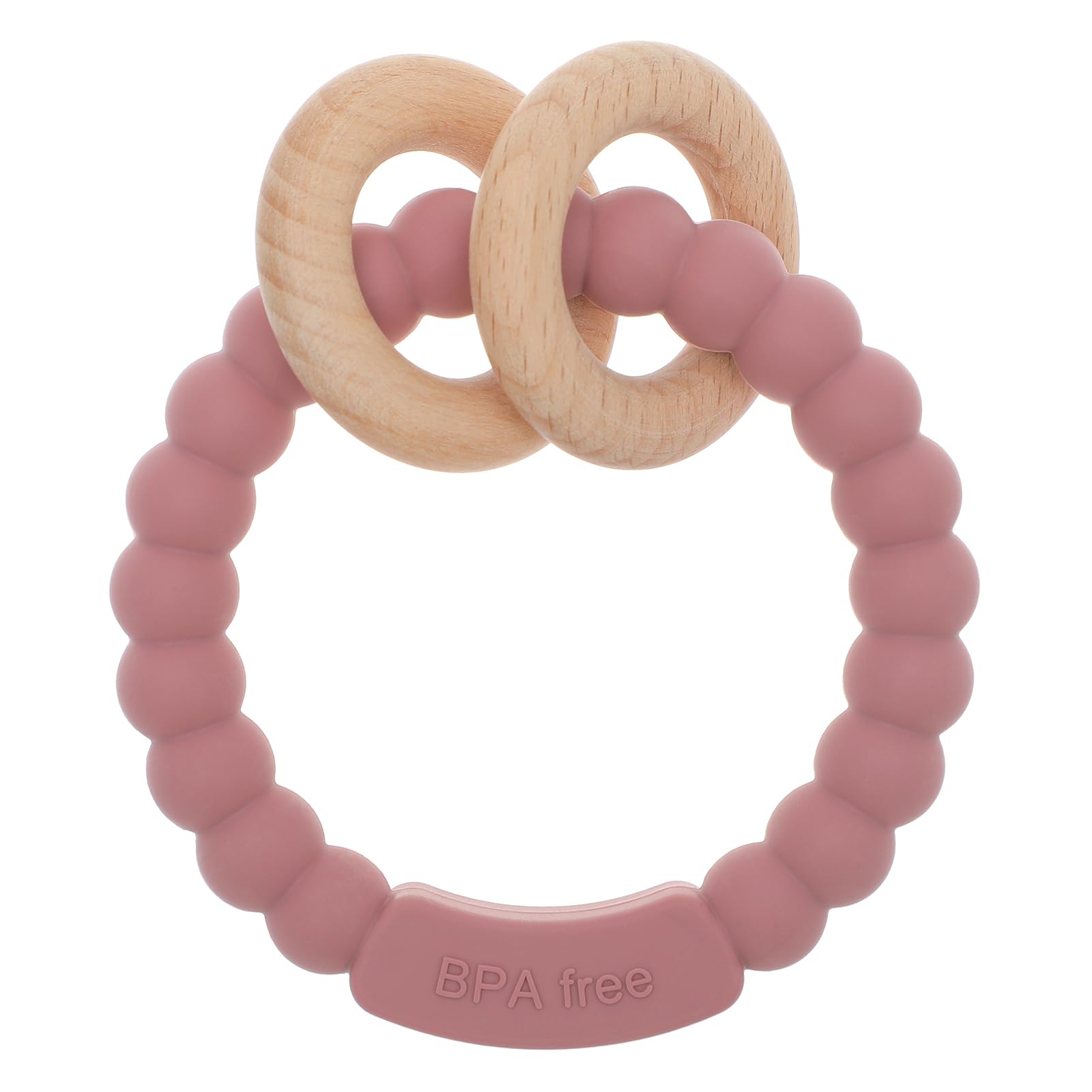 meanus Beißringe für Babys, Beißring Spielzeug aus Silikon und Buche, BPA-frei (Power Rose)