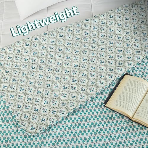 Image of SANMARINO Jaipuri Razai Single Bed Reversible Cotton Quilt | Traditional Ethnic Floral Print Dohar | Lightweight AC Comforter with Pure Cotton Filling | All-Season Blanket (Teal Blue)