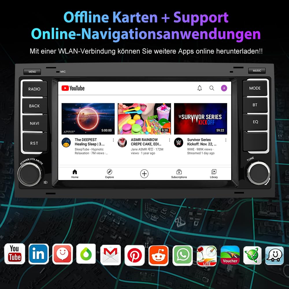 Junsun Android Autoradio für VW Touareg 2004-2011,Transporter T5 Multivan 2004-2009 2GB+32GB with 7 Zoll Touchscreen CarPlay, Android Auto, Bluetooth Navigtion Lenkradsteuerung