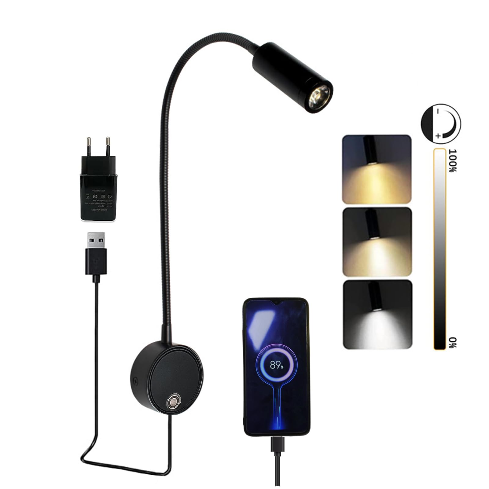 Leselampe Wandmontage LED Wandleuchte mit Touch Schalter Dimmbar Schwanenhals Lampe, Leselicht Wand mit USB-Anschluss, Bettlampe Wandlampe Innen mit Stecker und Kabel für Schlafzimmer Bett Kopfteil
