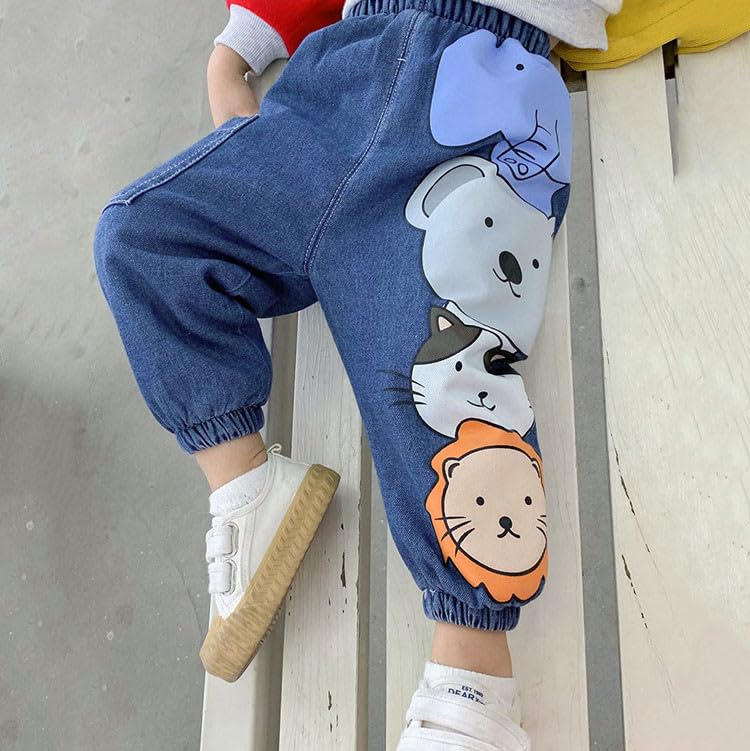 Image of Googo Gaaga Boys Denim Joggers | Soft cotton denim trousers for boys & girls with fun prints, mid-rise fit, elastic waistband, and comfort for everyday wear.