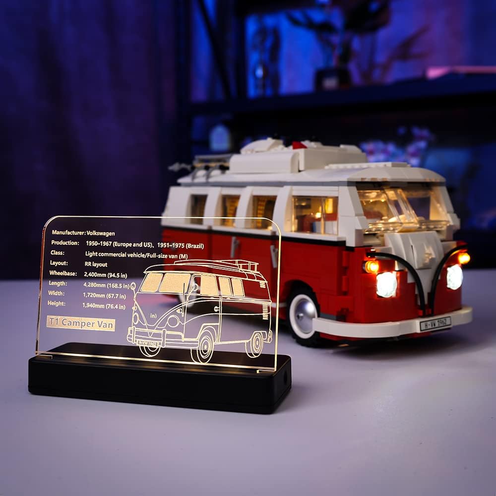 Kyglaring Glowing Clear Acrylic Name Plate with Power Base Designed for Lego Creator Volkswagen T1 Camper Van 10220 Building Set Sign Display (Glowing nameplate)