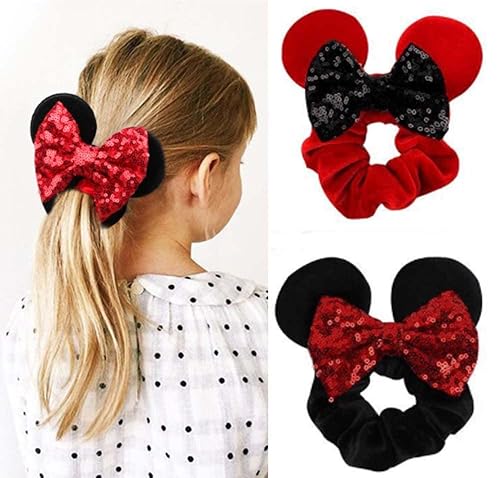 Paquete de 2 coleteros de terciopelo con orejas de ratón, lazos de lentejuelas, bandas para el cabello, accesorios para el cabello (color B)