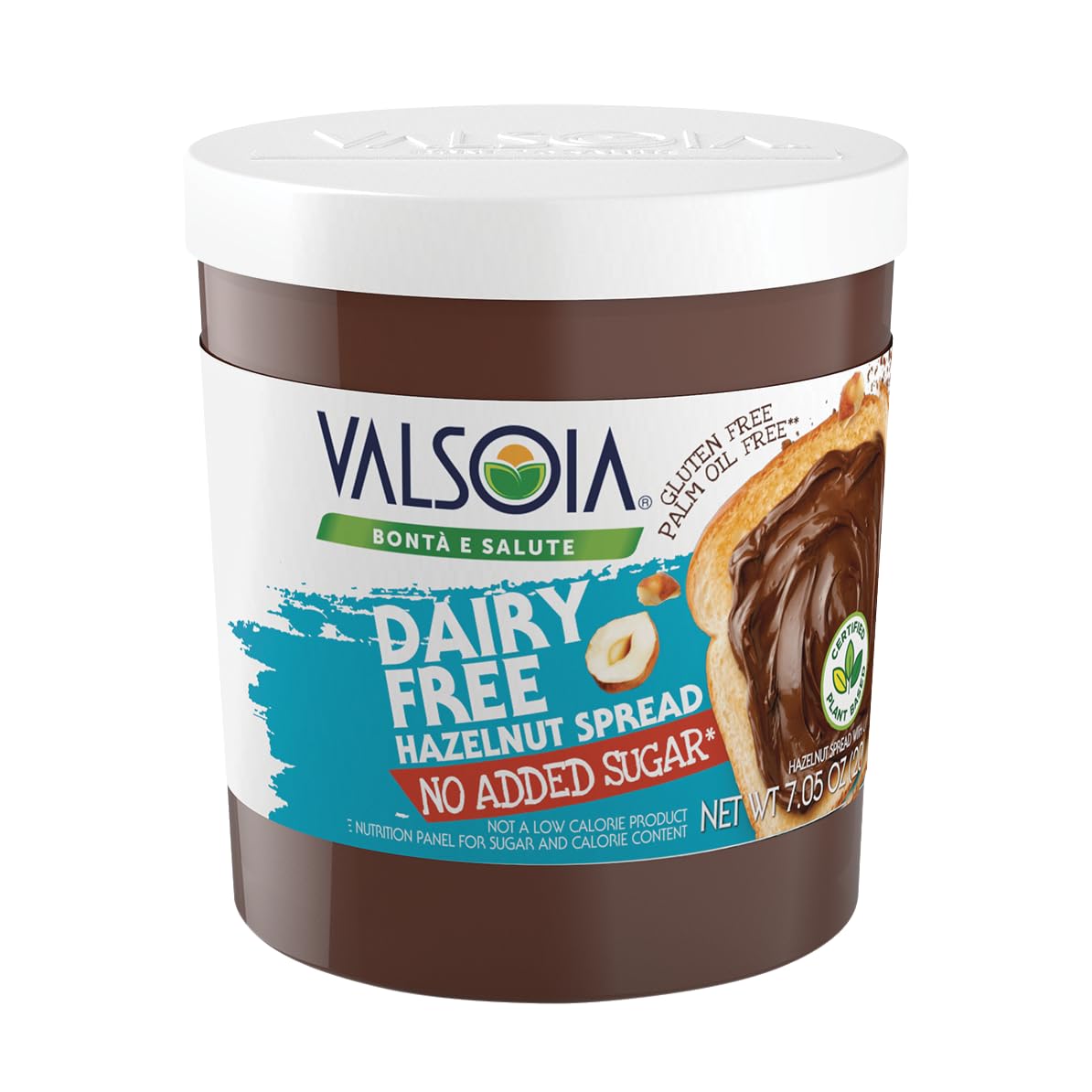 ValsoiaHazelnut Cream 7.05 OZ Sugar Free Gluten Free Vegan Plant Based Chocolate Hazelnut Spread Non GMO & Lactose Free Authentic Italian Quality