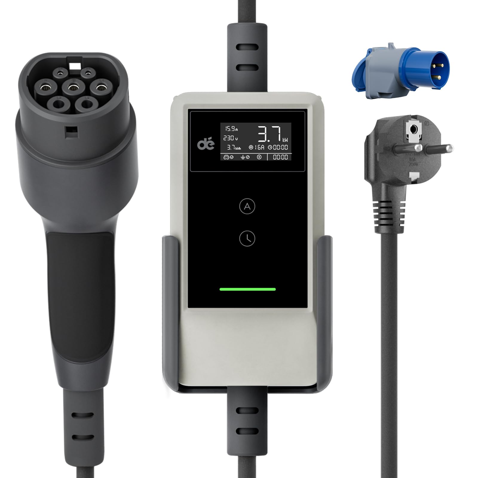 dé Cavo Ricarica Auto Elettrica Tipo 2 Schuko 3,7kW [6/8/10/13/16A] Colonnina Ricarica Auto Elettrica con Supporto, Wallbox Compatibile con Model Y/3, e208 e Altri EV/PHEV, Bianco, 6,5m