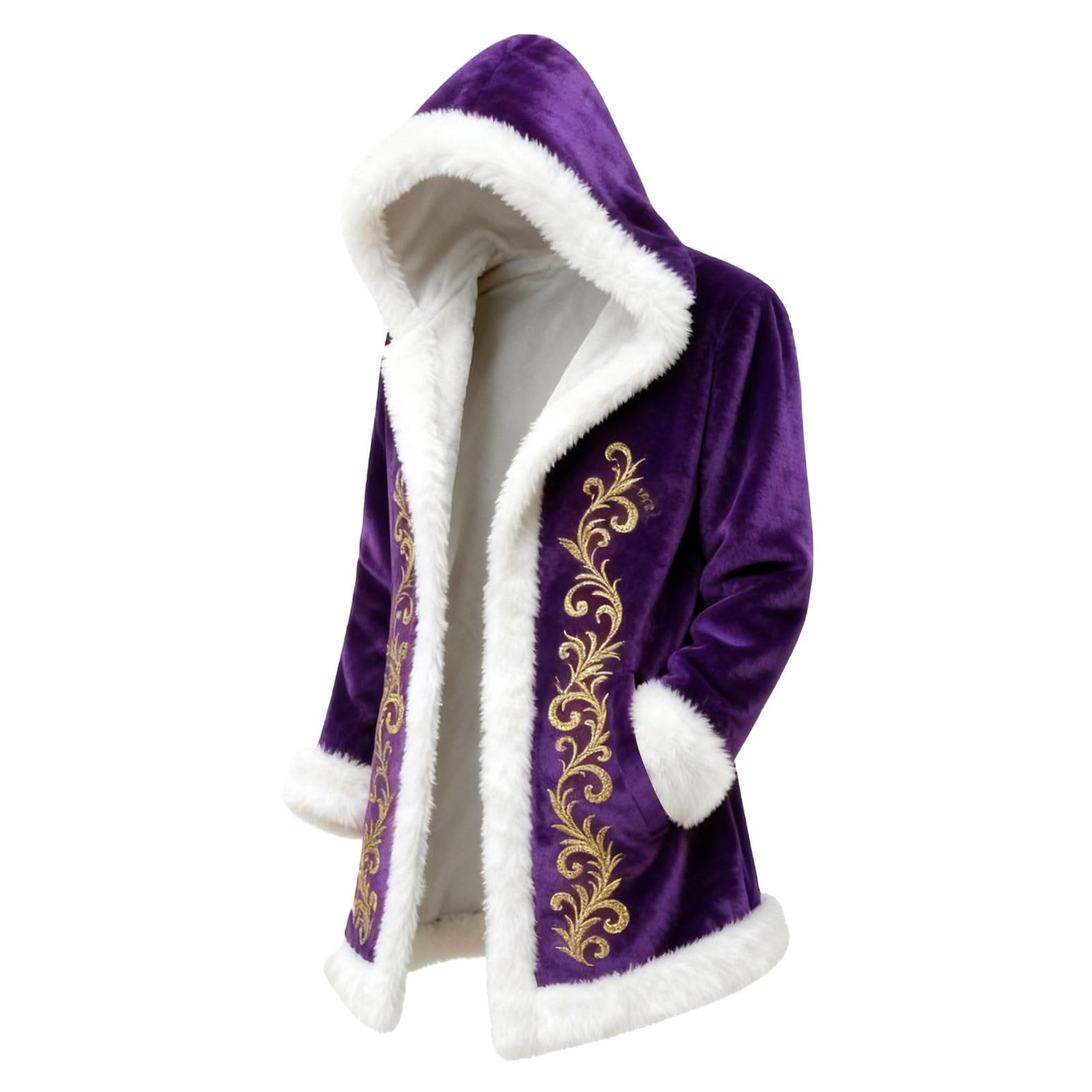Red Velvet Christmas Costume for Men Red Hooded Cape Santa Coat Plush Lining Long Sleeve Longline Soft Warm Fluffy Festival Holiday Party Xmas Winter Cardigan