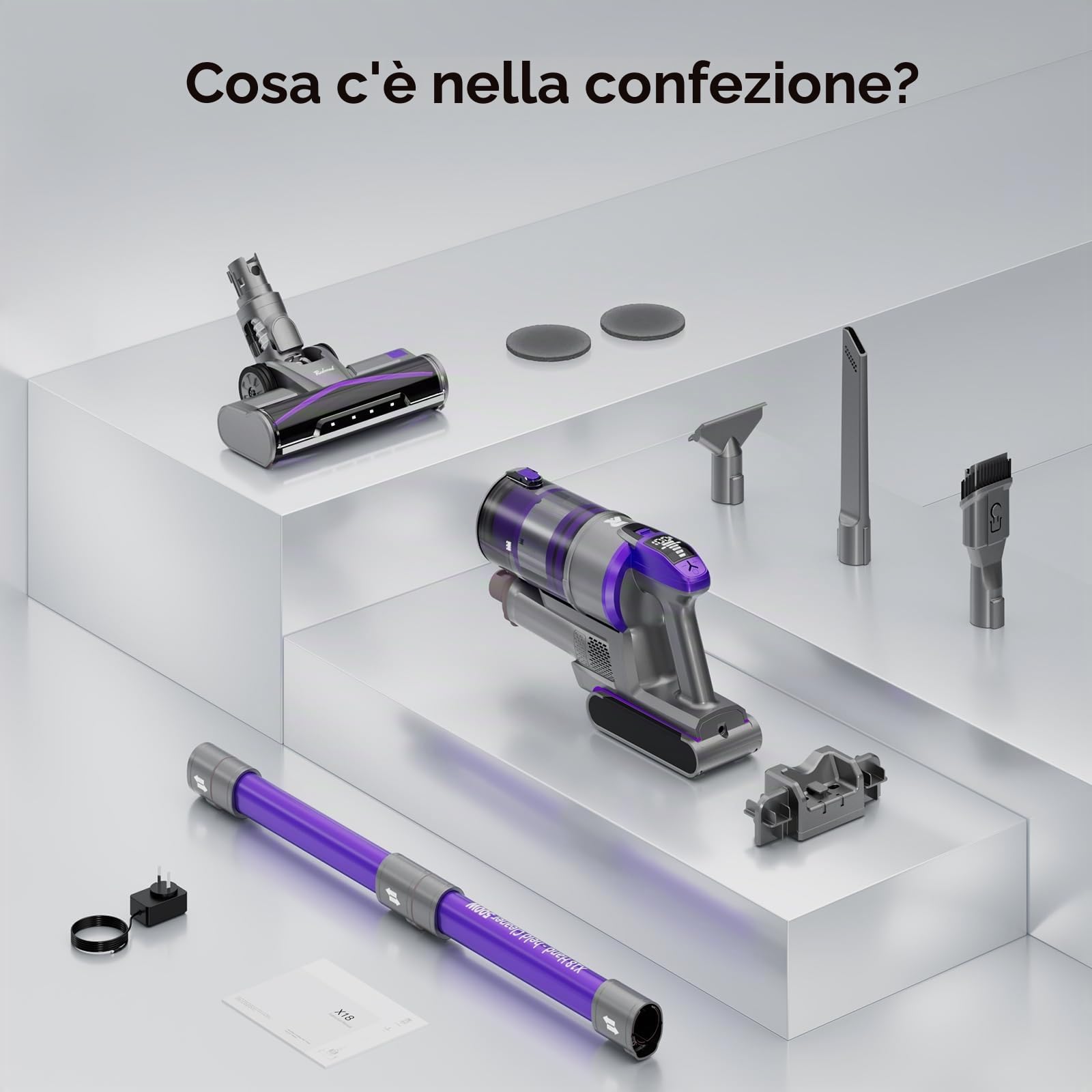 X18 Aspirapolvere Senza Fili, 60KPA/650W Potenza Forte, 80Min Autonomia, 4-in-1 con Faro LED e 4 Livelli di Aspirazione Regolabili, Perfetto per Pavimenti, Tappeti e Peli di Animali