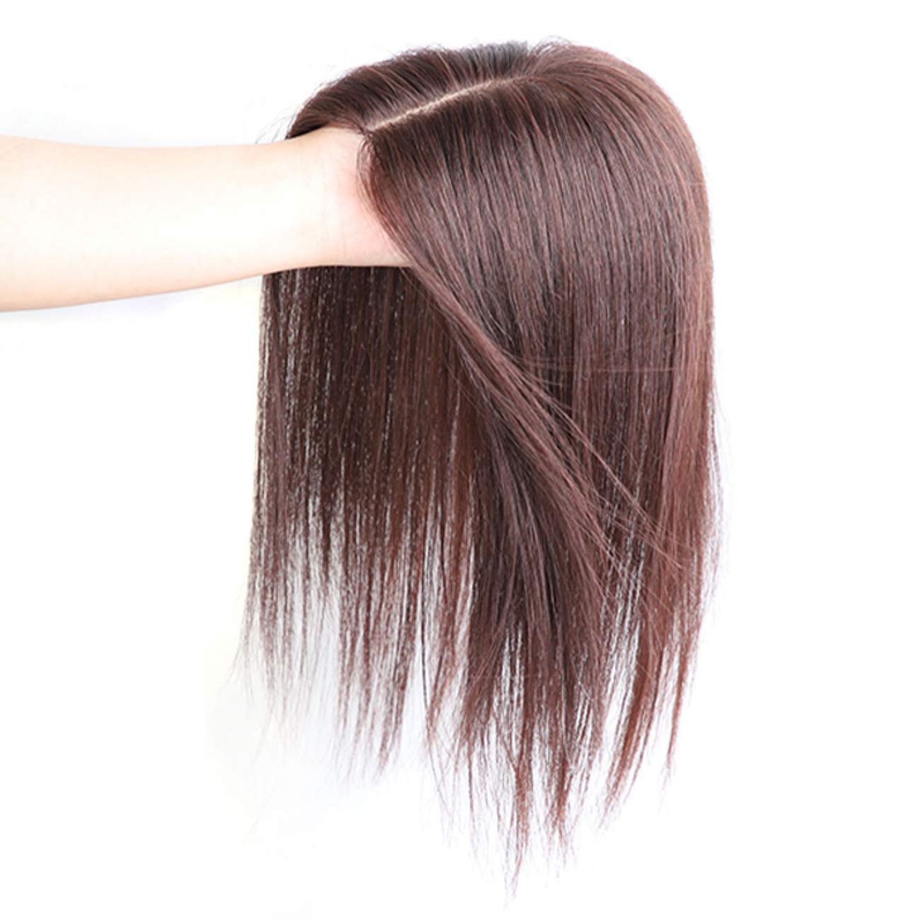 Double Lase Silk Base Part Straight Topper 13 x 14 cm Human Hair Seamless Clip in Crown Ersatz Haarteil rechts / 22 cm, Dunkelbraun