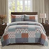 SLPR Urban Retreat 2-Piece Bedding Quilt Set - Twin Size Comforter with 1 Pillow Sham: Country Checkered Quilted Blanket, Rust and Grey Quilt, Lightweight Lodge Summer Bedspread