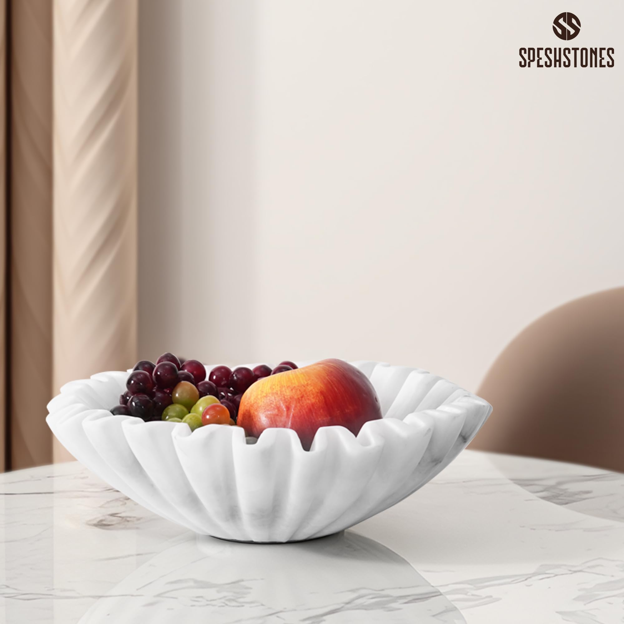 SPESHSTONES Cuenco de mármol con volantes de 10 pulgadas, color blanco, hecho a mano, para encimera de cocina, cuenco decorativo grande, cuencos antiguos ideales para cocina