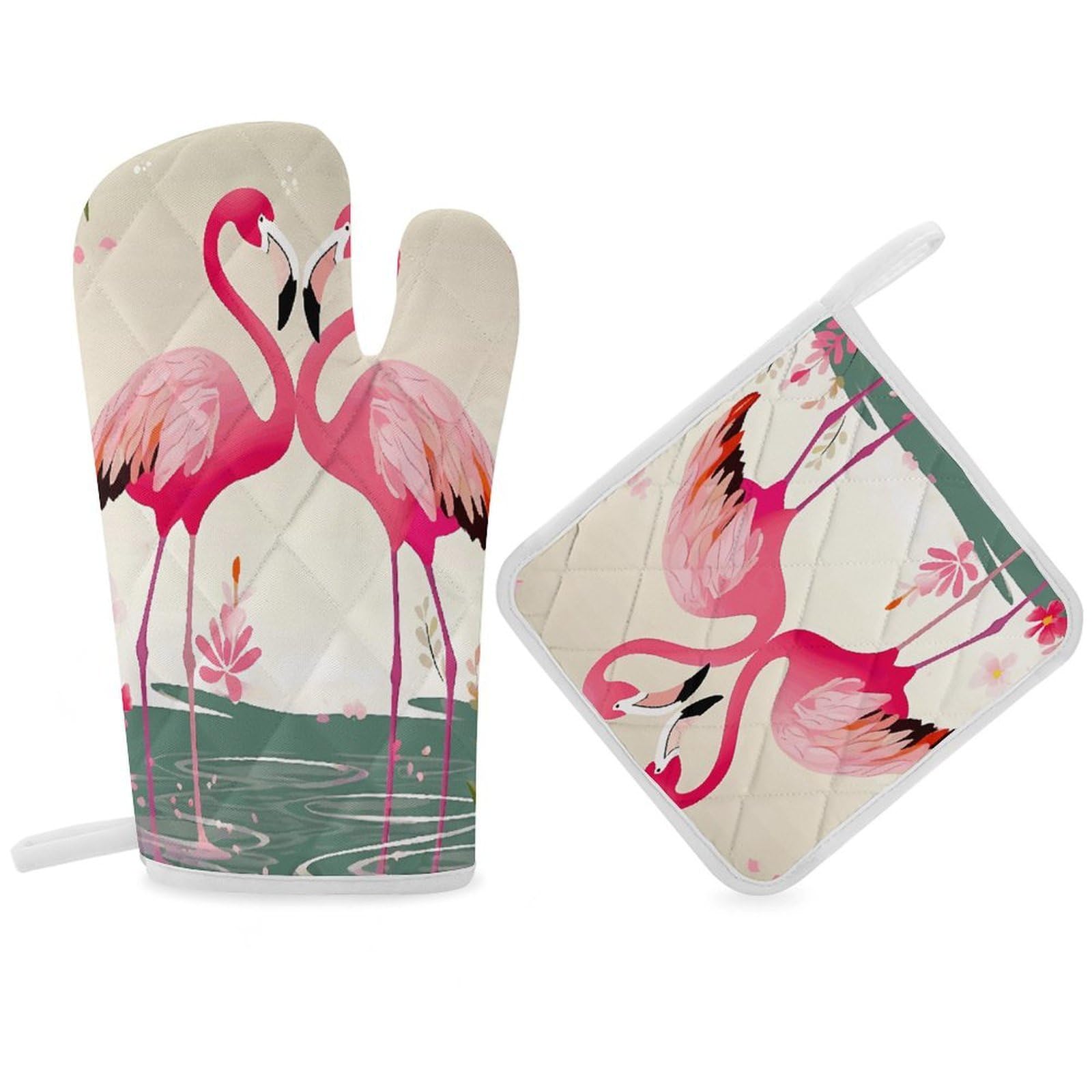 Fodpand Women's Style Flamingos And Flowers Oven Mitts And Pot Holders Sets,Oven Gloves For Kitchen Oven Mitts And Potholders For Baking Cooking Grilling Apartment Essentials