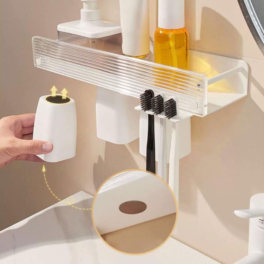 Conveniente Juego de Soporte para cepillos de Dientes Blanco montado en la Pared, Soporte Organizador de plástico, Estante de Almacenamiento de Vasos de Dientes de Gran Capacidad Práctico