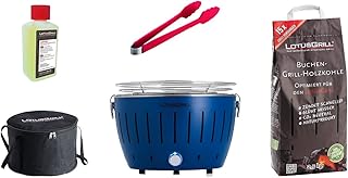 LotusGrill S Small Compact Starter Set de Barbacoa de carbón con 2,5 kg de carbón de haya, 200 ml de pasta de combustión, 1 pinzas (color según existencias), 1 bolsa. Fuente de alimentación USB o