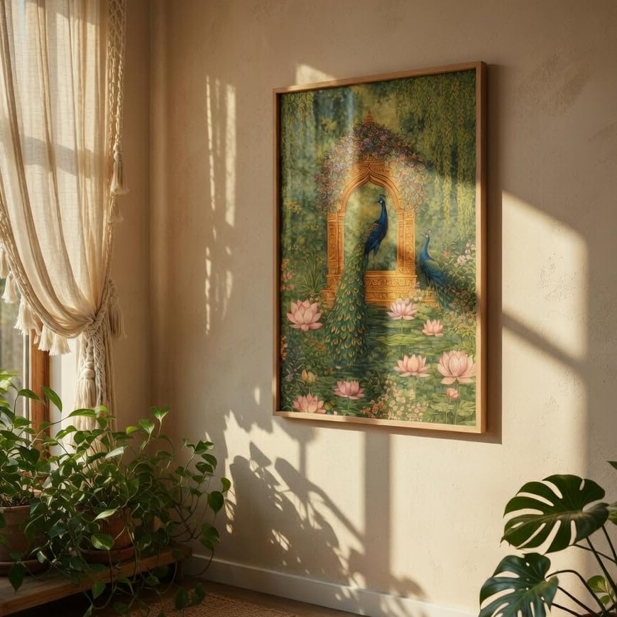 Image of Livin'luxe Royal Peacock Garden Wall Painting with Wooden Frame | Elegant Peacock Lotus Artwork HD UV Laminated MDF Wall Decor | Traditional Nature Wall Art for Living Room Bedroom