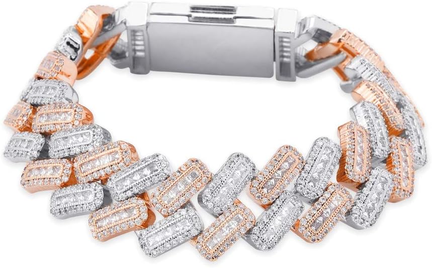 JINAO20MM 6 Times 14k Gold Plated Cuban Link Bracelet Iced Out Bling Round Carre Baguette Cut CZ with Prong Setting Simulated Diamond Bracelet Hip Hop Jewelry for Men
